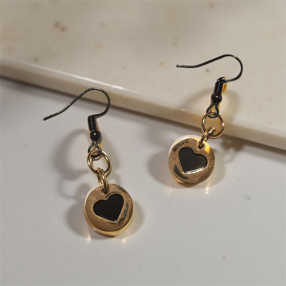 Handcrafted Earrings Gold and Black Heart Charm